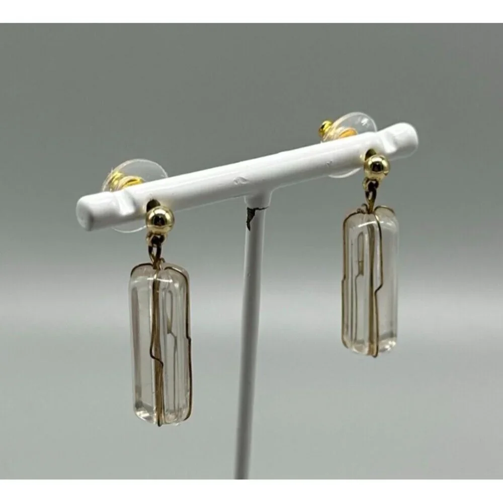 3/$30 Vintage Clear Earrings Gold Tone Acrylic Pillar Dangle Mod Retro 1.25